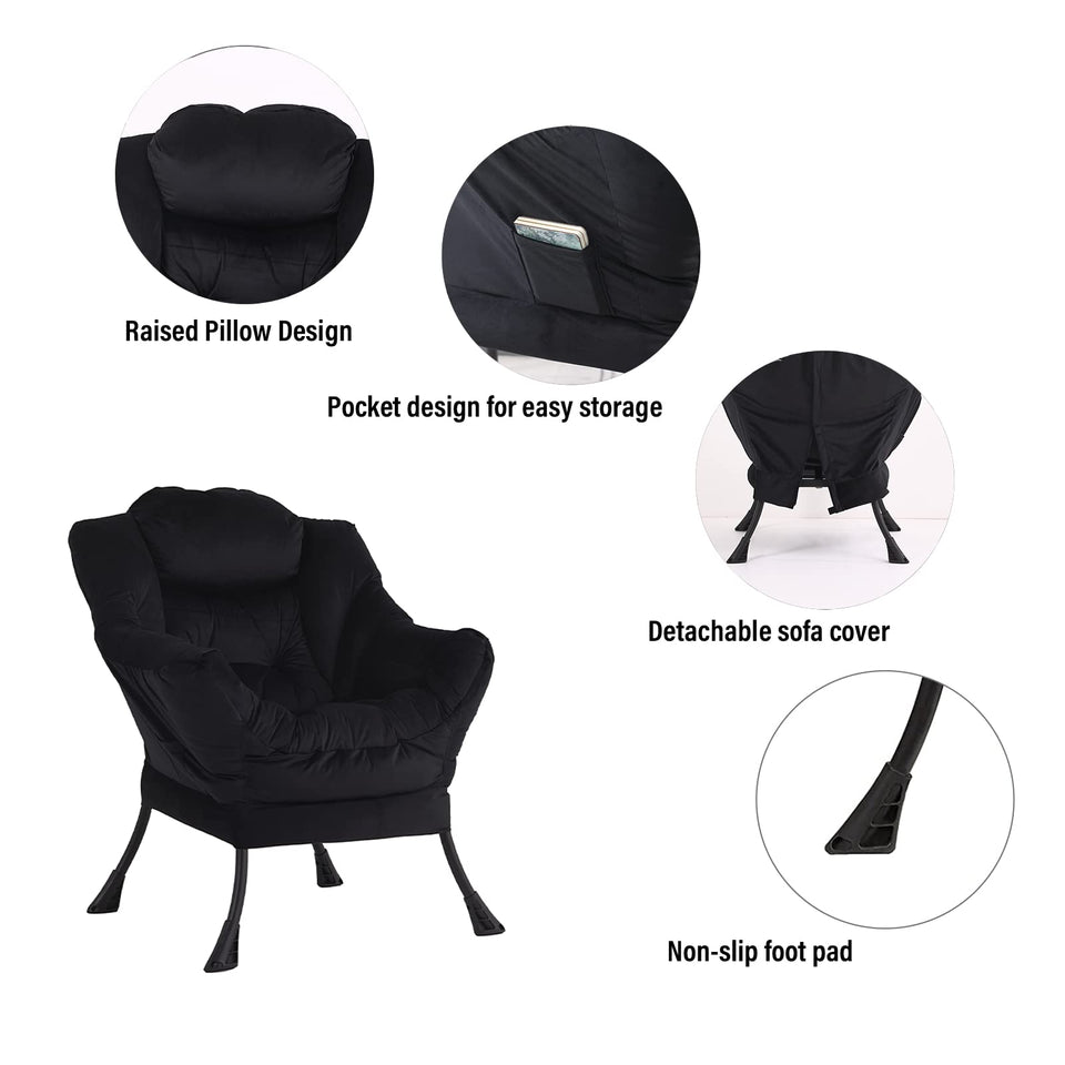 Welnow Lazy Chair with Ottoman, Modern Lounge Accent Chair with Armrests and a Side Pocket, Leisure Sofa Armchair, Reading Armchair with Footrest for Small Space, Dark Grey