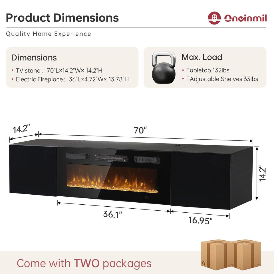 oneinmil 70" Floating TV Stand with 36" Electric Fireplace, Wall Mounted Fireplace Entertainment Center with Storage, Fire Place TV Console for Living Room, All Black