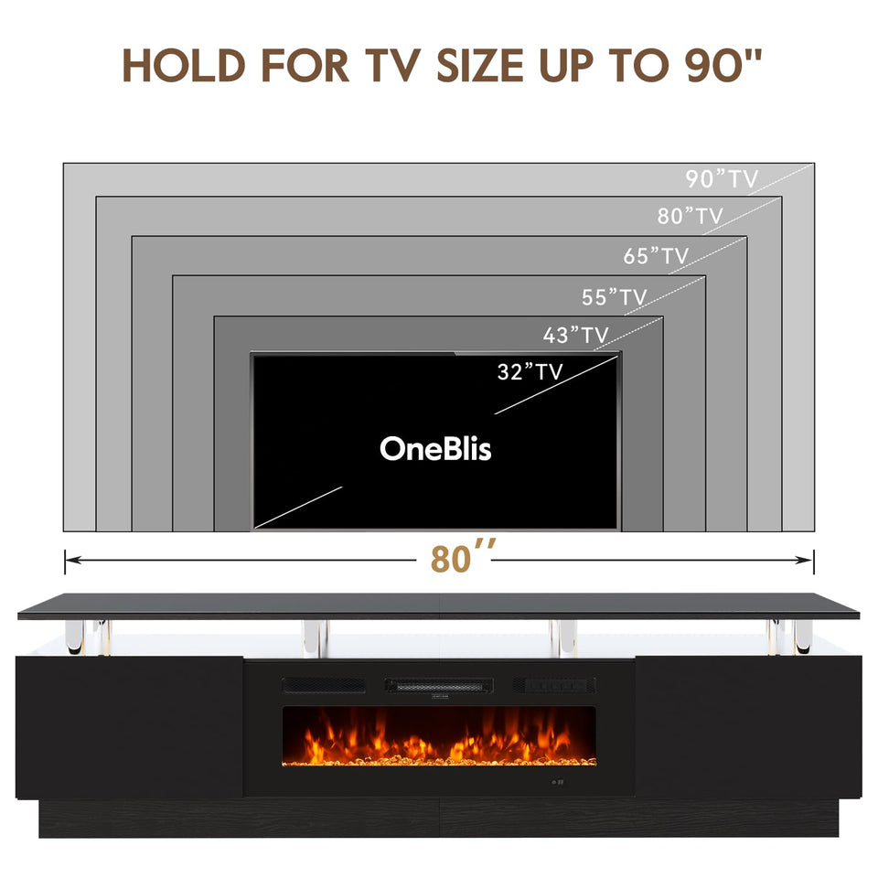 OneBlis 70" TV Stand for Living Room, Modern Entertainment Center & Media Console, Fits TVs up to 80", Storage Cabinet with Shelves, 36" Electric Fireplace with LED Flame (All Black)