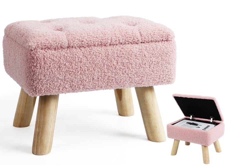 OGEMXU Storage Ottoman, Small Foot Stool Ottoman with Storage, Boucle Teddy Velvet Foot Rest with Padded Seat, Sturdy Wood Legs Stool for Living Room, Bedroom, Couch, Enterway (Cream)