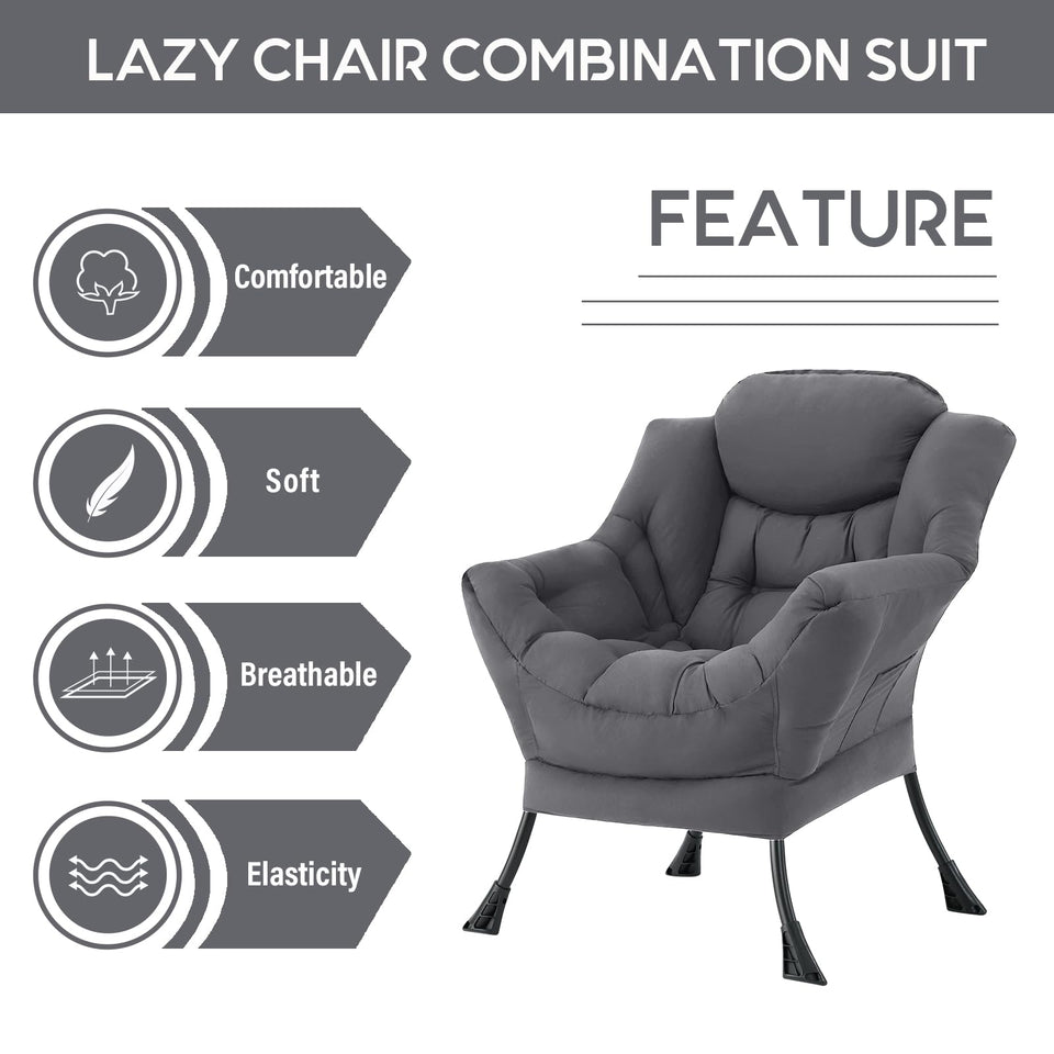 LITA Lazy Chair with Ottoman, Modern Accent Leisure Upholstered Lazy Sofa Armchair, Contemporary Lounge Reading Chair with Armrests and a Side Pocket for Living Room, Bedroom & Small Space, Dark Grey