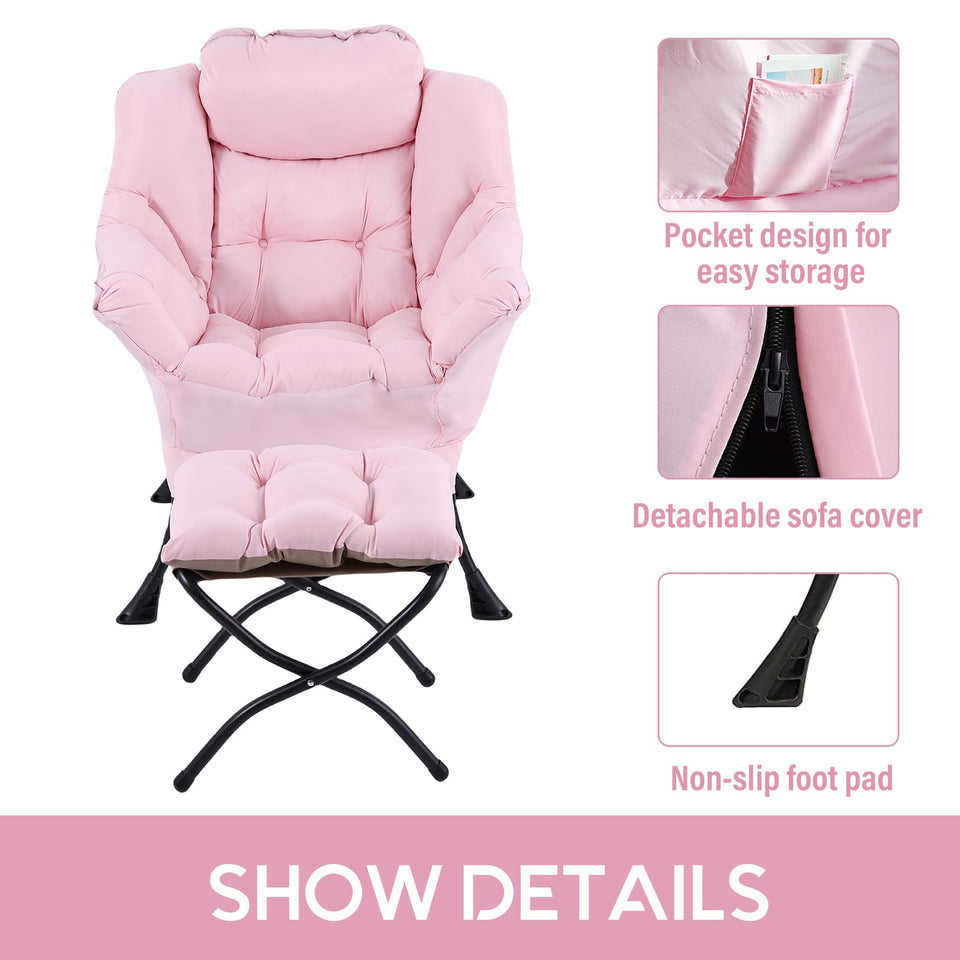 LITA Lazy Chair with Ottoman, Modern Accent Leisure Upholstered Lazy Sofa Armchair, Contemporary Lounge Reading Chair with Armrests and a Side Pocket for Living Room, Bedroom & Small Space, Dark Grey