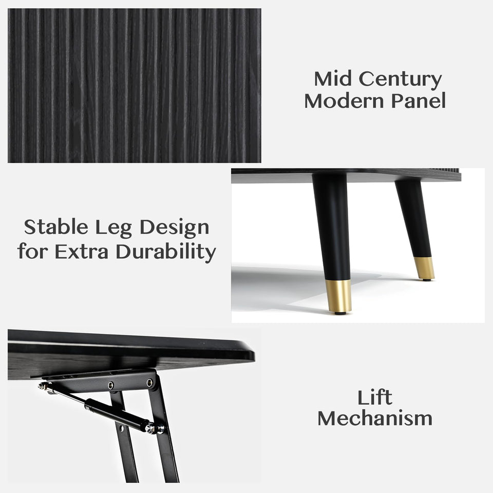 JOINICE, Round Coffee Table with Storage, Mid Century Modern Center Table with Sliding Cabinet Door, Fluted Dining Table for Living Room, Home Small Space, 31.5", Walnut