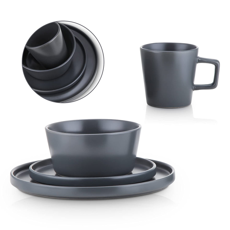 Stone Lain Celina Stoneware 32 Piece Dinnerware Set, Plates and Bowls, Black Matte Dish Collection, Service for 8 – Contemporary Minimalist Style, Microwave & Dishwasher Safe