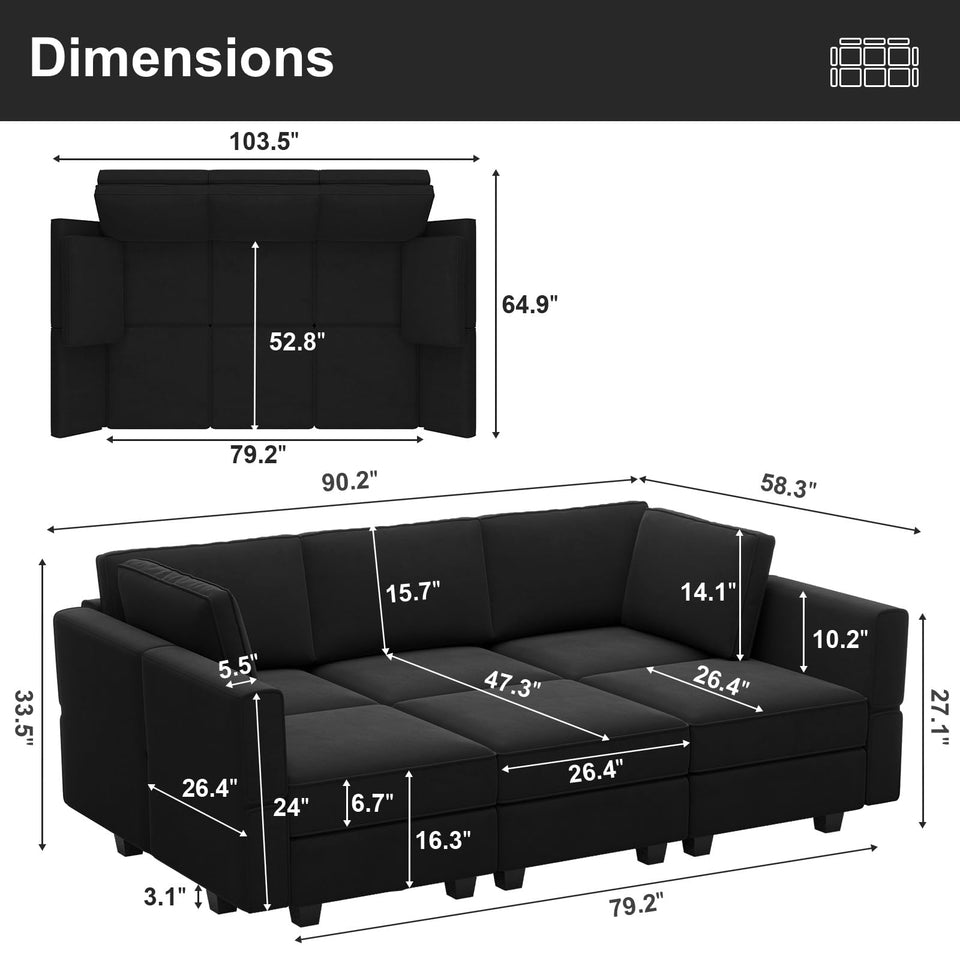 Belffin Modular Sectional Sofa with Ottomans Velvet Reversible Sleeper Chaise Bed Storage Seat Black