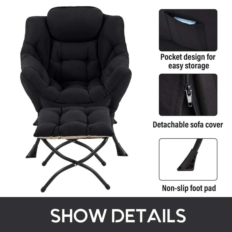 LITA Lazy Chair with Ottoman, Modern Accent Leisure Upholstered Lazy Sofa Armchair, Contemporary Lounge Reading Chair with Armrests and a Side Pocket for Living Room, Bedroom & Small Space, Dark Grey