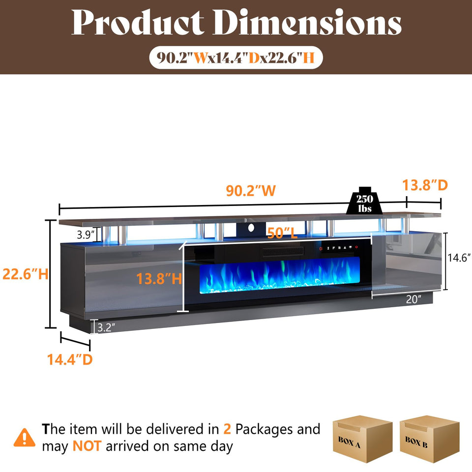 AMERLIFE Fireplace TV Stand with 36" Fireplace, 70" Modern High Gloss Fireplace Entertainment Center LED Lights, 2 Tier TV Console Cabinet for TVs Up to 80", Obsidian Black