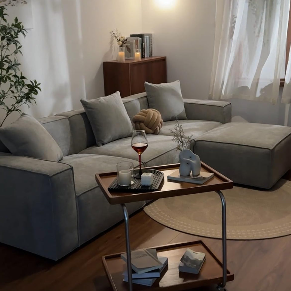 Acanva Luxury Modular Sectional Living Room Sofa Set, Modern Minimalist Style Couch with Ottoman and Chaise, L-Shape, Linen-Like Cream