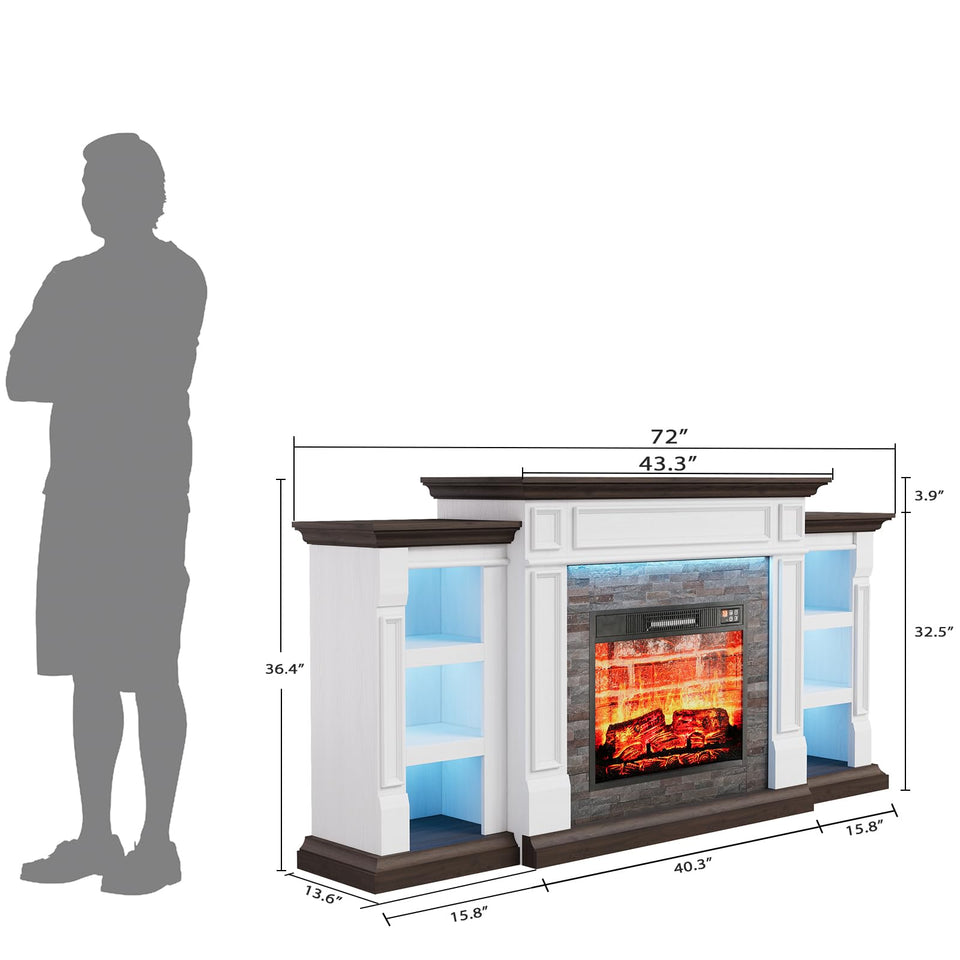 LGHM 72" Electric Fireplace with Mantel, Fireplace TV Stand for TVs Up to 80 Inch, Modern Entertainment Center with Storage, Realistic Stacked Stone Surround with Remote Control for Living Room