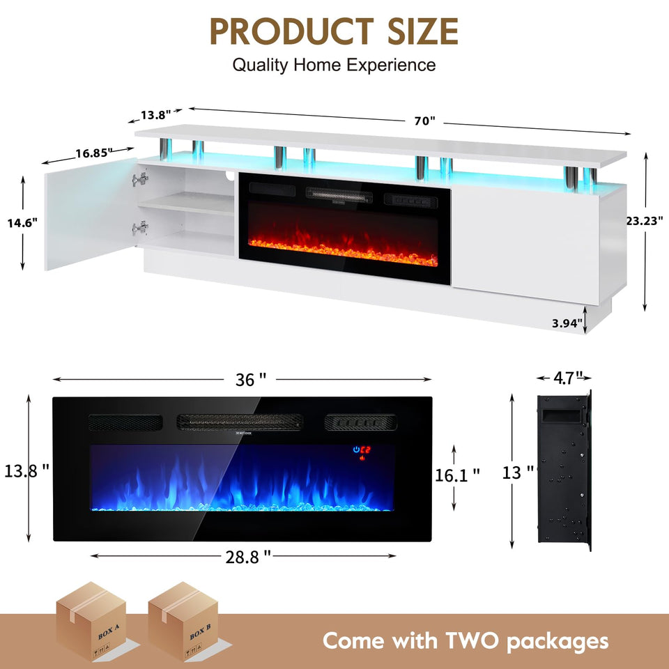 OneBlis 70" TV Stand for Living Room, Modern Entertainment Center & Media Console, Fits TVs up to 80", Storage Cabinet with Shelves, 36" Electric Fireplace with LED Flame (All Black)