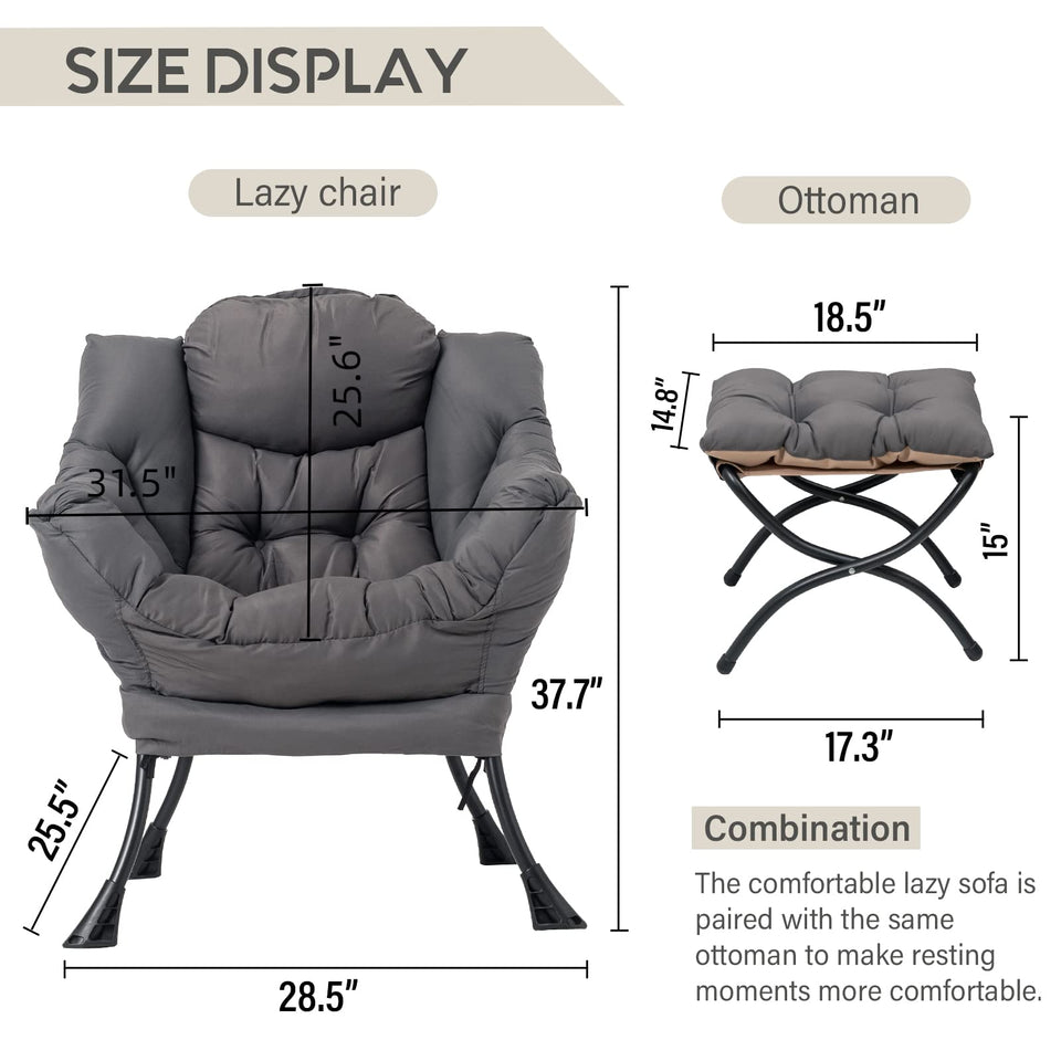 LITA Lazy Chair with Ottoman, Modern Accent Leisure Upholstered Lazy Sofa Armchair, Contemporary Lounge Reading Chair with Armrests and a Side Pocket for Living Room, Bedroom & Small Space, Dark Grey