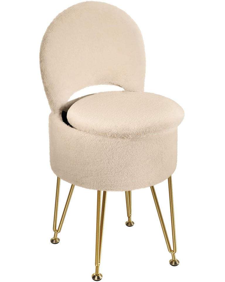 GREENSTELL Small Vanity Stool Chair with Storage and Folding Back, 13" x 13" x 17.7" Faux Fur Soft Ottoman for Teenager, 4 Metal Legs with Anti-Slip Feet, Furry Padded Seat for Makeup, Bedroom, White