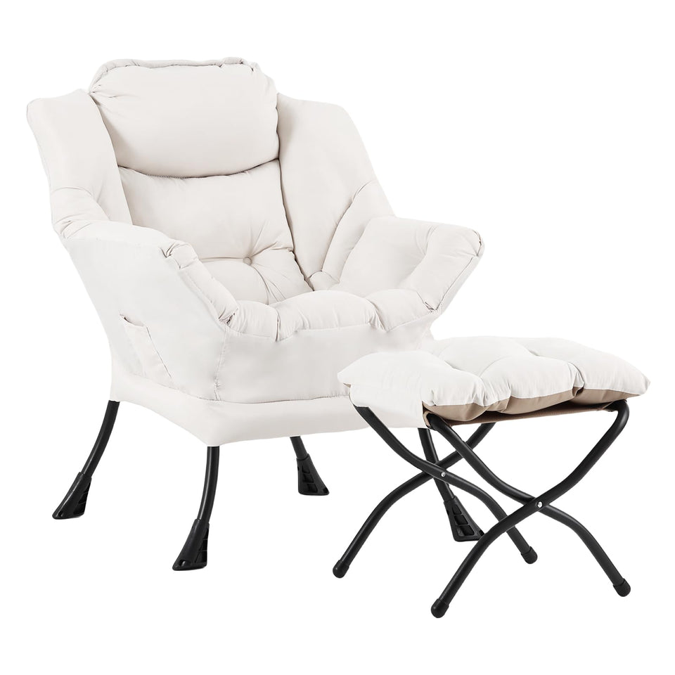 LITA Lazy Chair with Ottoman, Modern Accent Leisure Upholstered Lazy Sofa Armchair, Contemporary Lounge Reading Chair with Armrests and a Side Pocket for Living Room, Bedroom & Small Space, Dark Grey