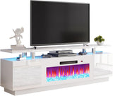 AMERLIFE Fireplace TV Stand with 36" Fireplace, 70" Modern High Gloss Fireplace Entertainment Center LED Lights, 2 Tier TV Console Cabinet for TVs Up to 80", Obsidian Black