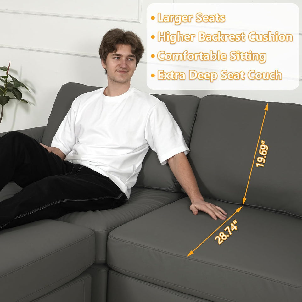 EASE MOOSE Leather Sectional Couch, Oversized Modular Sectional Sofas, Wide Deep Seat Modular Couch, Scratch Resistant Faux Leather Material, L Shaped Sofa for Big Spaces,Beige