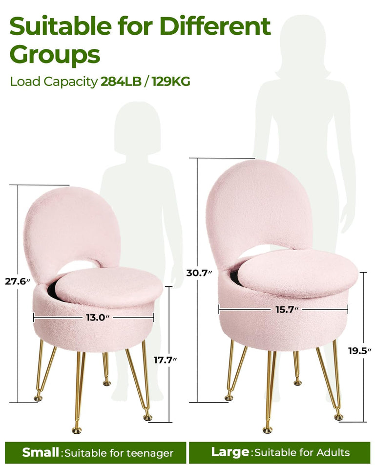GREENSTELL Small Vanity Stool Chair with Storage and Folding Back, 13" x 13" x 17.7" Faux Fur Soft Ottoman for Teenager, 4 Metal Legs with Anti-Slip Feet, Furry Padded Seat for Makeup, Bedroom, White