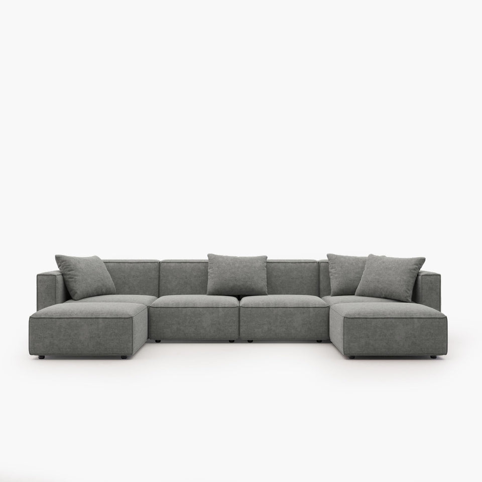 Acanva Luxury Modular Sectional Living Room Sofa Set, Modern Minimalist Style Couch with Ottoman and Chaise, L-Shape, Linen-Like Cream