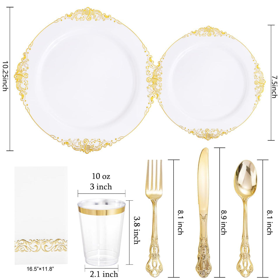 YOUBET 700PCS Silver Plastic Plates - White and Silver Disposable Plates - Silvery Plastic Dinnerware Set - Include 200 Plates, 300 Heavy Duty Silverware, 100 Cups and 100 Napkins for Wedding & Party