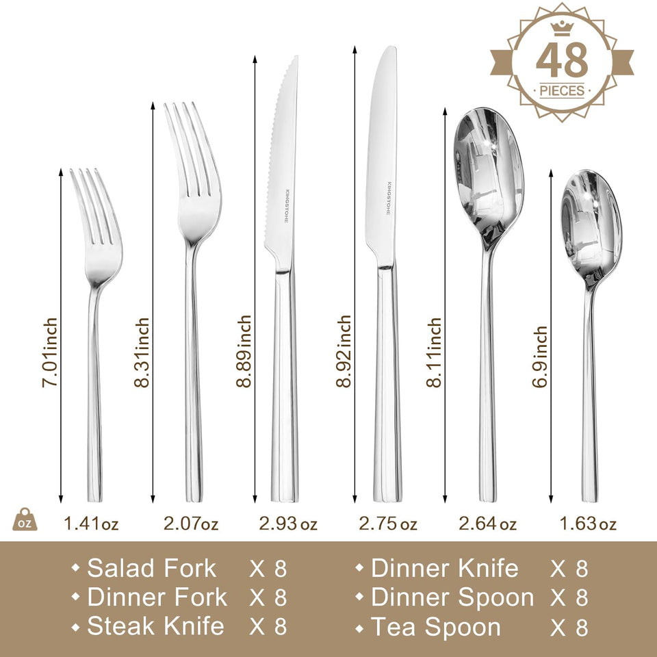 KINGSTONE Silverware Set, 60-Piece Forged Flatware Set Cutlery Set Premium Stainless Steel, Service for 12, for Kitchen, Home, Wedding, Party, Mirror Polished and Dishwasher Safe