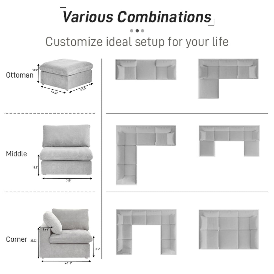 160.6" Cloud Couch Modular Sectional Sofa for Livingroom,Oversized Convertible Sofa with Storage Ottomans,6 Seat Wide Couches,Cushion Covers Removable (Khaki, 6 Seater)