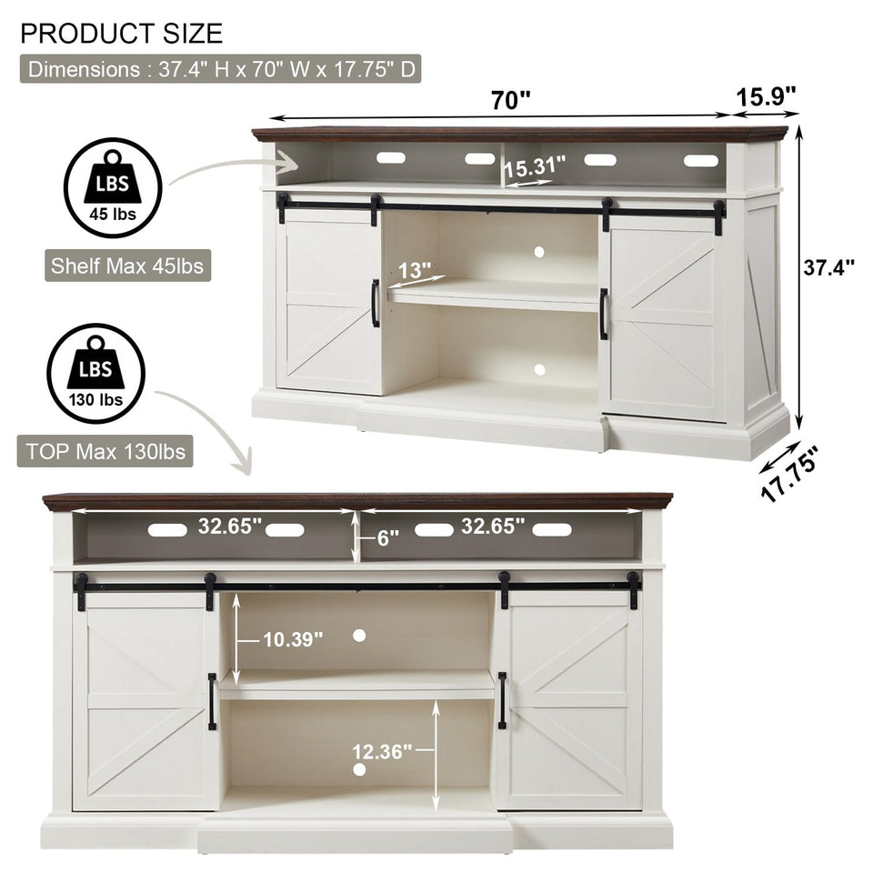 Farmhouse TV Stand for 80 Inch TVs, 37.4" Tall Entertainment Center w/Storage Cabinets and Sliding Barn Door, Media Console Cabinet w/Soundbar & Adjustable Shelves for Living Room, 70 inch (White)