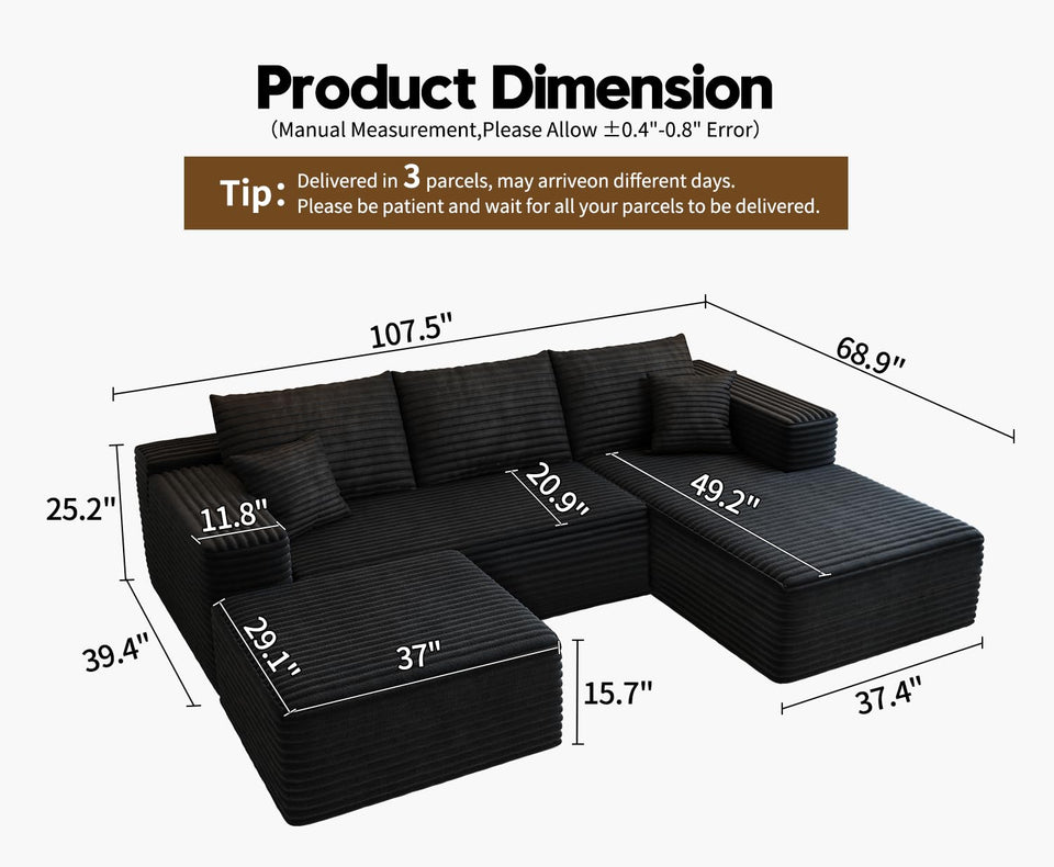 135.4" Cloud Modular Sectional Couch with 1 Ottoman,Modern Minimalist Upholstered Couches, Comfort U Shaped Sofa for Living Room,Deep Seat Corner Couch，No Assembly Required (Black,Left Facing Chaise)