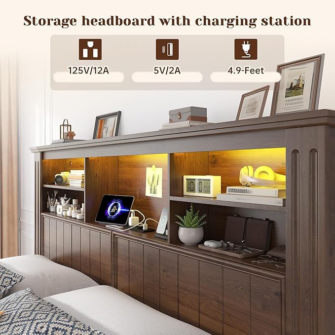 EnHomee King Size Bed Frame and Headboard & Storage, 4 Drawers and LED Built in Charging Station King Bed Frame with Storage Farmhouse,NO Noise,No Box Spring Needed,White