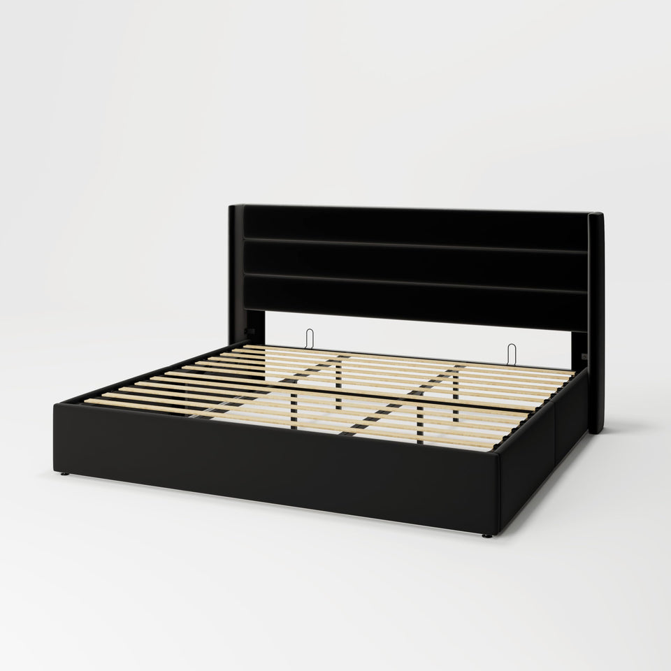 Allewie King Size Lift Up Storage Bed, Modern Wingback Headboard, Hydraulic Support, No Box Spring Needed, Light Beige