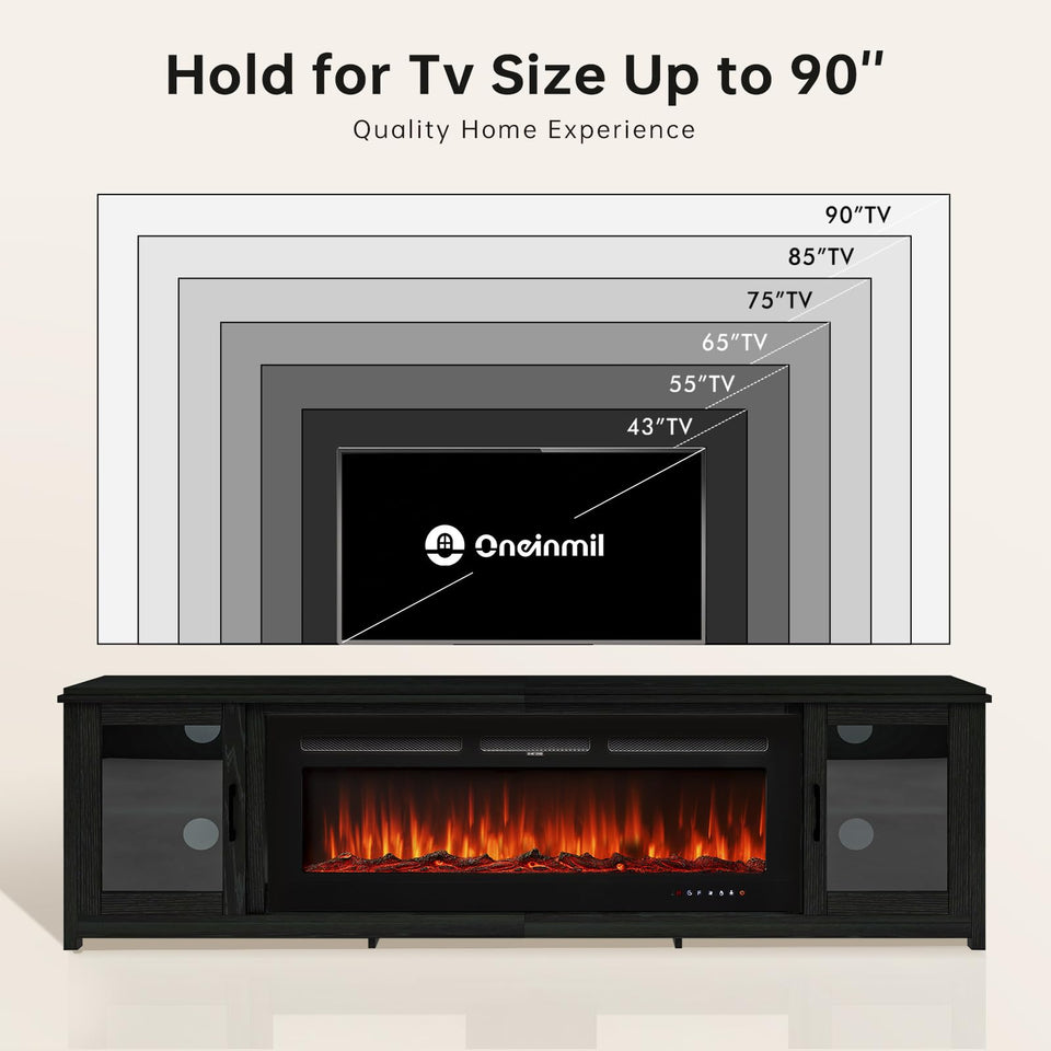 oneinmil 80" Fireplace TV Stand, 50 Inch Electric Fireplace & Modern Entertainment Center, TV Console with Adjustable Shelf & Glass Door for TVs Up to 90", Fire Place TV Stands for Living Room, Black