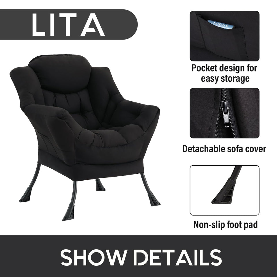 LITA Lazy Chair with Ottoman, Modern Accent Leisure Upholstered Lazy Sofa Armchair, Contemporary Lounge Reading Chair with Armrests and a Side Pocket for Living Room, Bedroom & Small Space, Dark Grey
