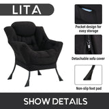 LITA Lazy Chair with Ottoman, Modern Accent Leisure Upholstered Lazy Sofa Armchair, Contemporary Lounge Reading Chair with Armrests and a Side Pocket for Living Room, Bedroom & Small Space, Dark Grey