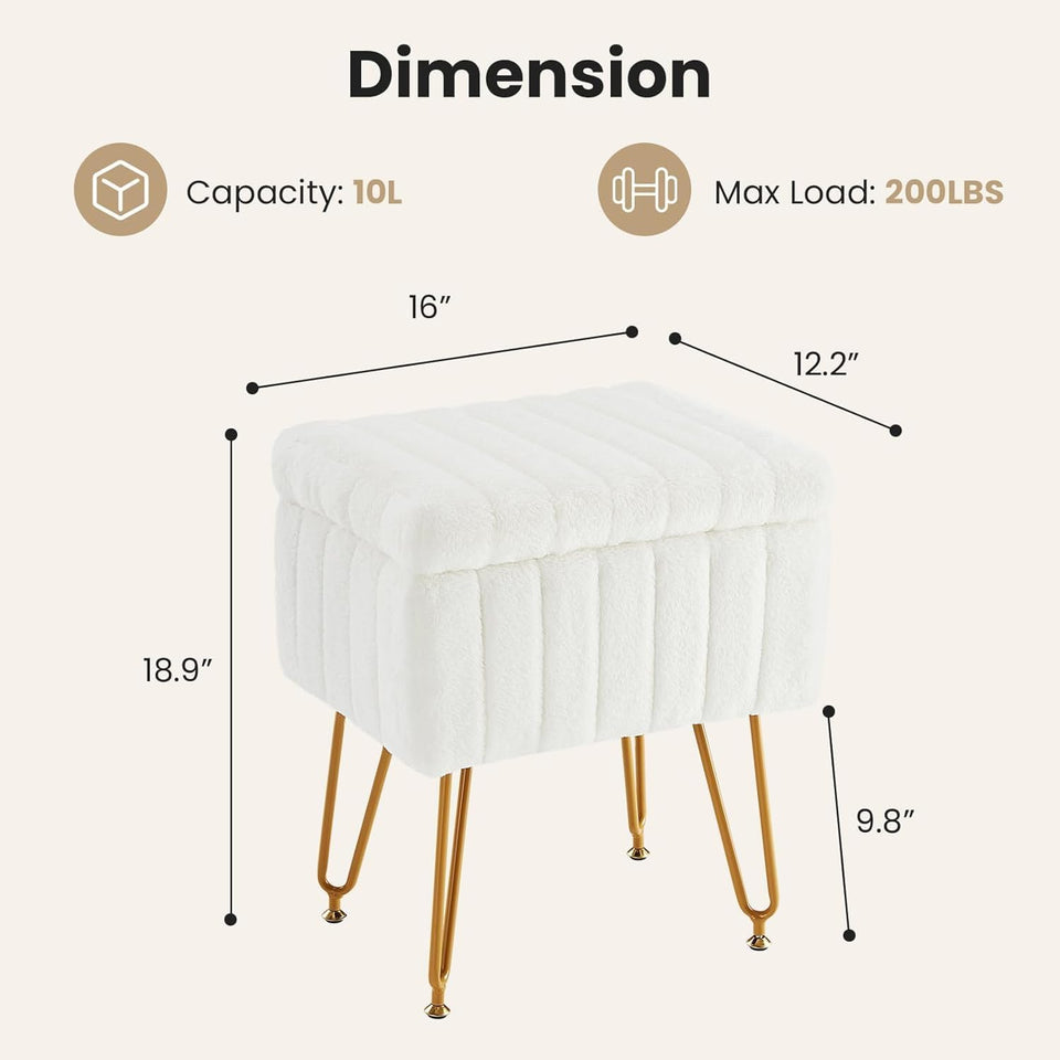 DUMOS Vanity Stool Chair, Ottoman with Storage, Makeup Cute Soft Small Footstool, Modern Style Faux Fur Seat with 4 Metal Legs & Adjustable Feet for Dressing, Living Room, Bedroom, Dorm, Grey