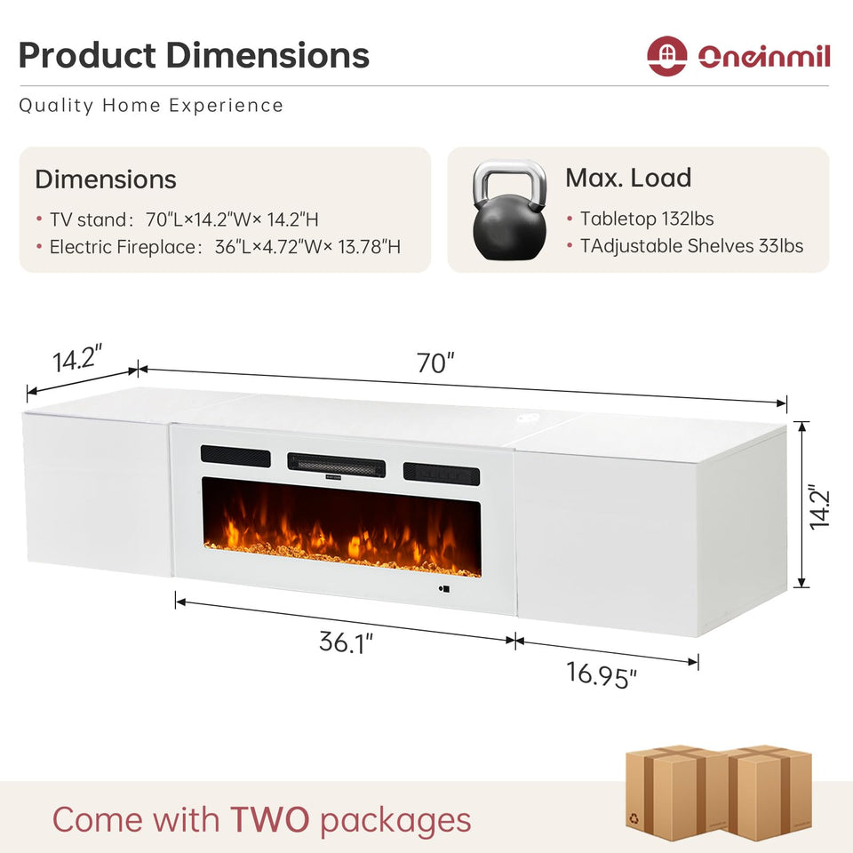 oneinmil 70" Floating TV Stand with 36" Electric Fireplace, Wall Mounted Fireplace Entertainment Center with Storage, Fire Place TV Console for Living Room, All Black