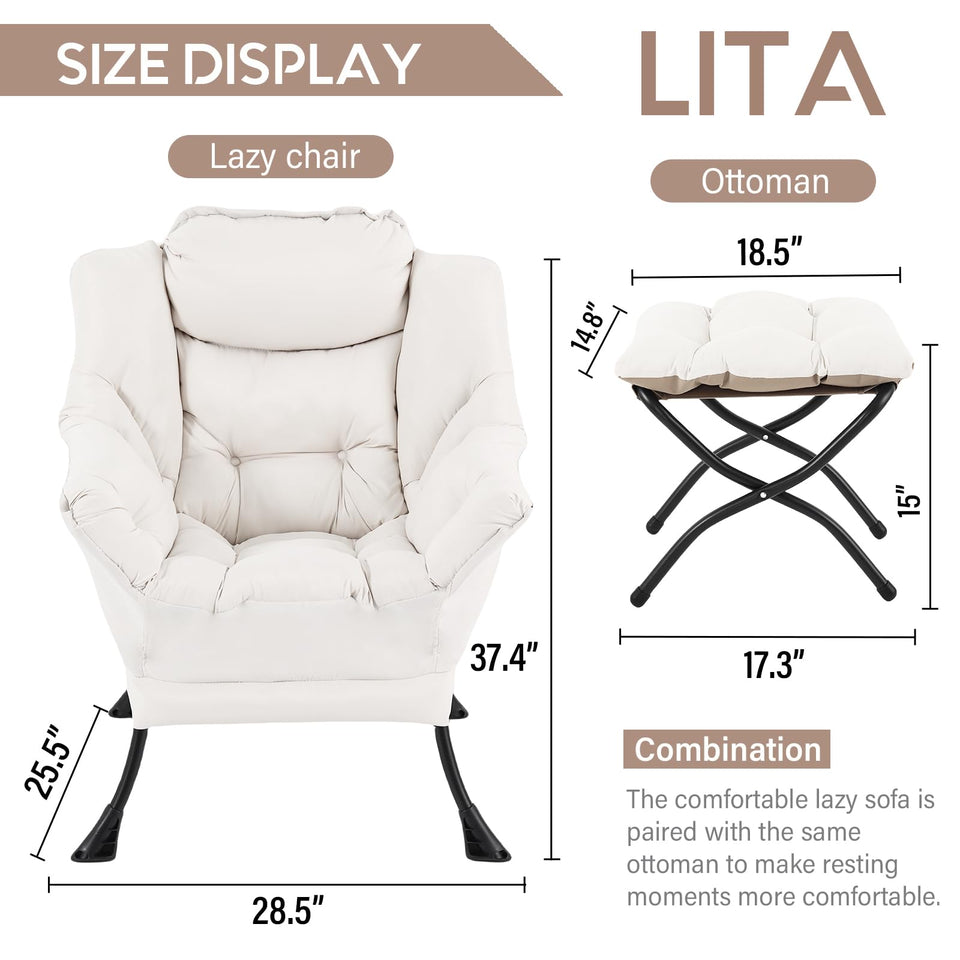 LITA Lazy Chair with Ottoman, Modern Accent Leisure Upholstered Lazy Sofa Armchair, Contemporary Lounge Reading Chair with Armrests and a Side Pocket for Living Room, Bedroom & Small Space, Dark Grey