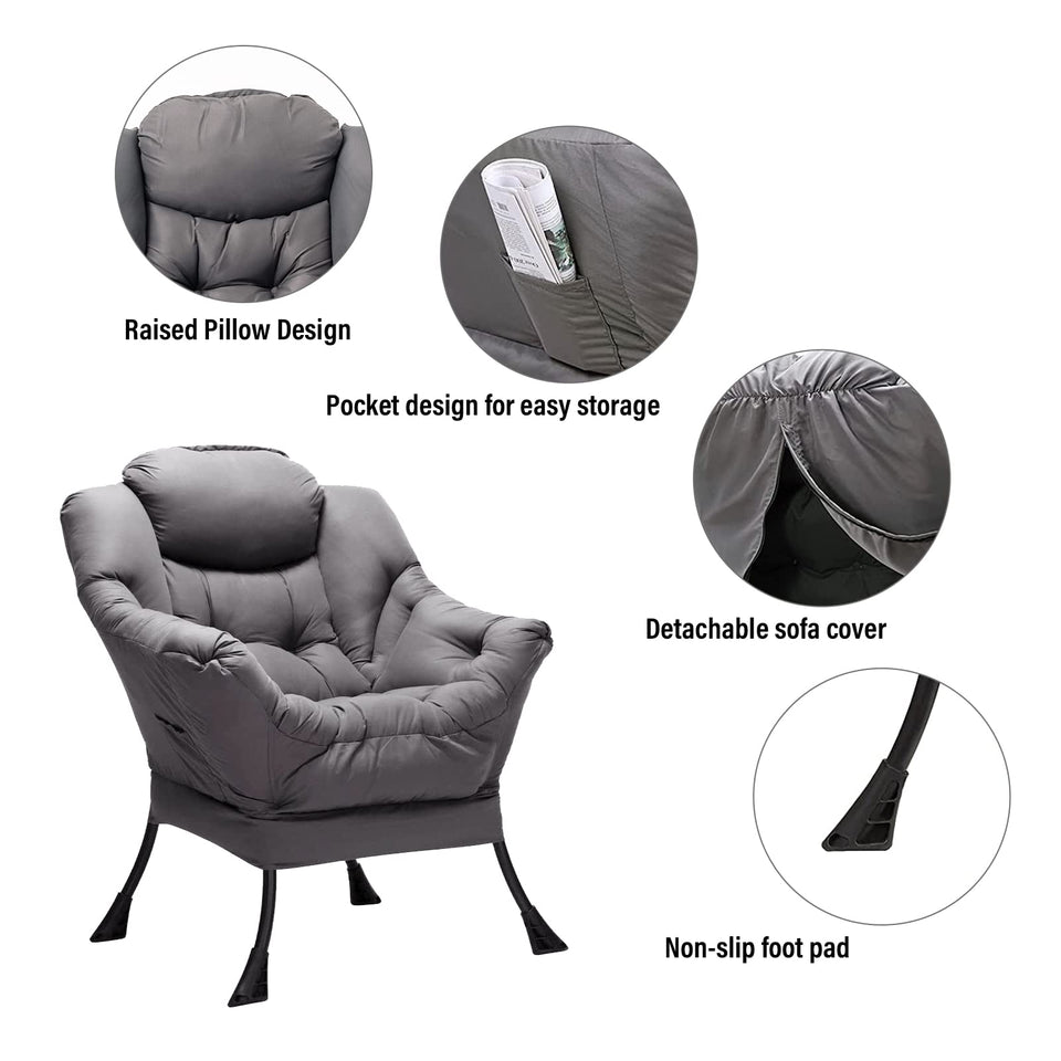 Welnow Lazy Chair with Ottoman, Modern Lounge Accent Chair with Armrests and a Side Pocket, Leisure Sofa Armchair, Reading Armchair with Footrest for Small Space, Dark Grey