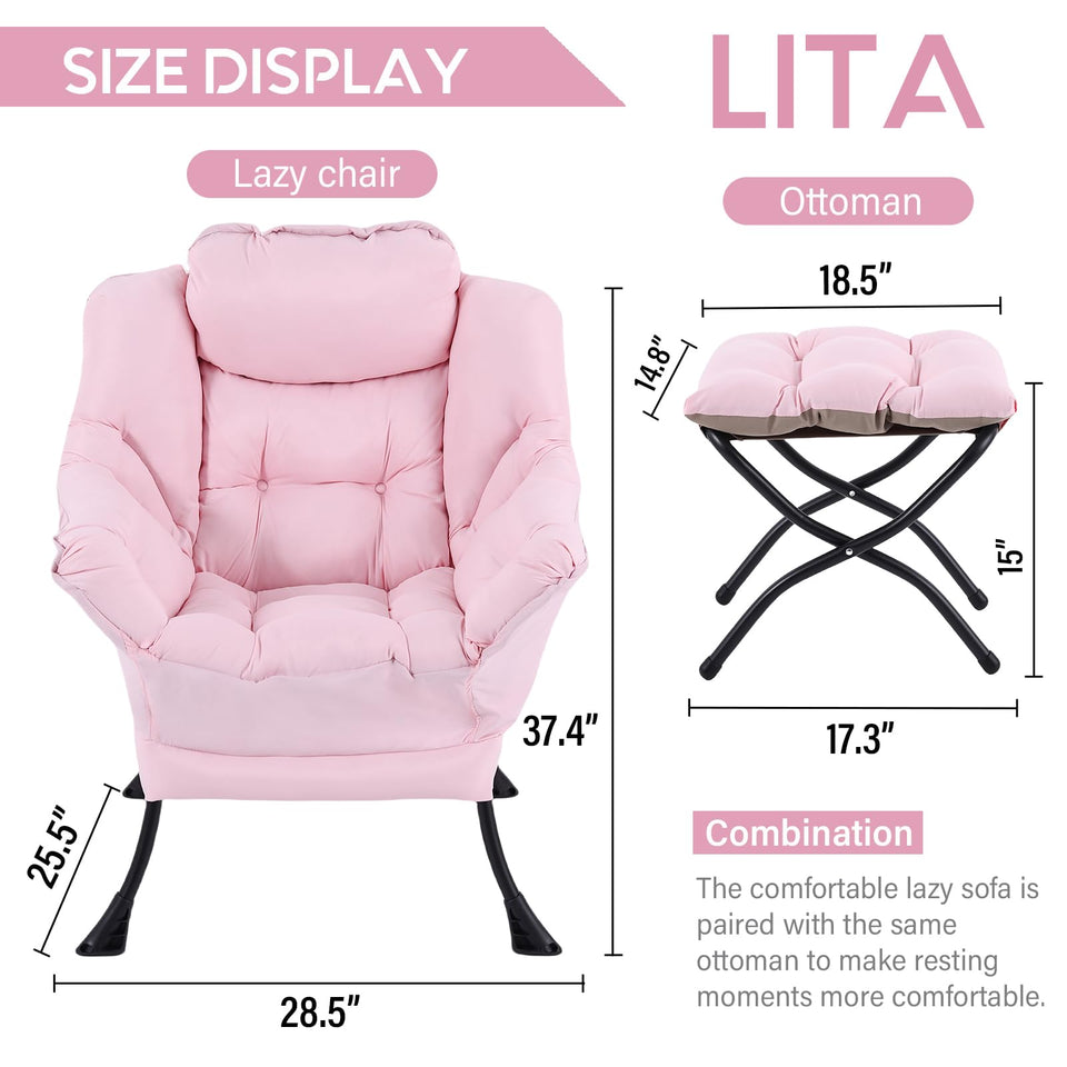 LITA Lazy Chair with Ottoman, Modern Accent Leisure Upholstered Lazy Sofa Armchair, Contemporary Lounge Reading Chair with Armrests and a Side Pocket for Living Room, Bedroom & Small Space, Dark Grey