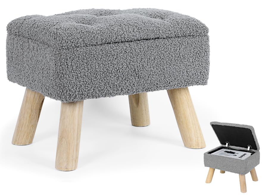 OGEMXU Storage Ottoman, Small Foot Stool Ottoman with Storage, Boucle Teddy Velvet Foot Rest with Padded Seat, Sturdy Wood Legs Stool for Living Room, Bedroom, Couch, Enterway (Cream)