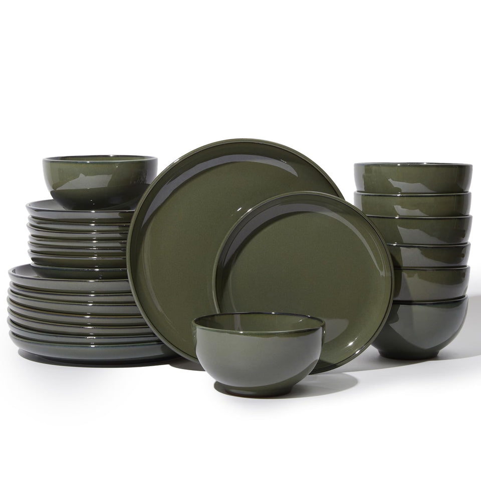 Pokini 24 Piece Dinnerware Sets for 8, Modern Stoneware Plates and Bowls Setst, Perfect for Family Gatherings & Holiday Celebrations, Easy Cleaning Dishes Set, Stack Compactly Dishware, Brown Green