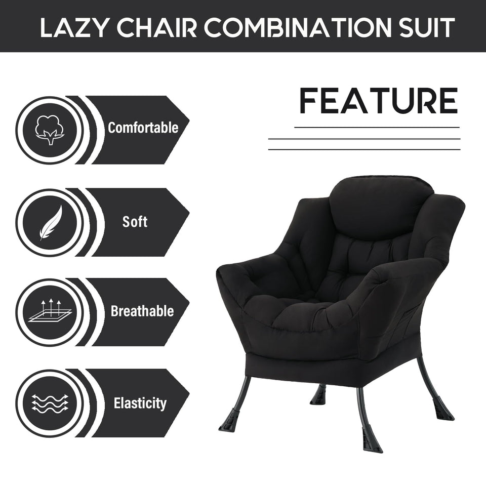 LITA Lazy Chair with Ottoman, Modern Accent Leisure Upholstered Lazy Sofa Armchair, Contemporary Lounge Reading Chair with Armrests and a Side Pocket for Living Room, Bedroom & Small Space, Dark Grey