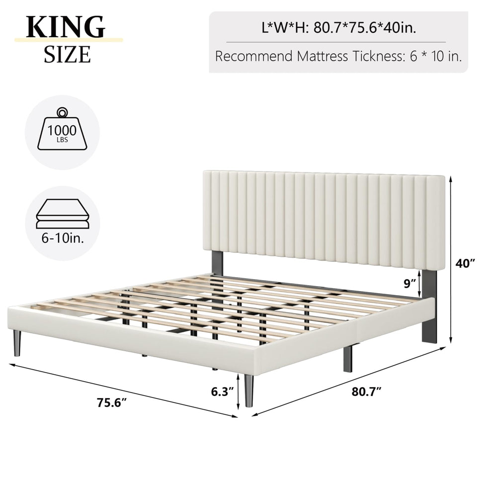 HAOARA King Size Bed Frame,King Size Platform Bed Frame and Velvet Upholstered Headboard with Strong Wood Slats, Box Spring Optional, Mattress Foundation, Easy Assembly Beige