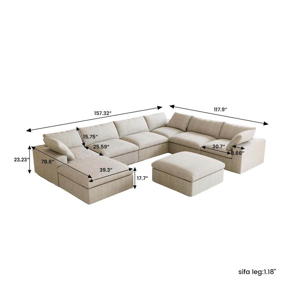 160.6" Cloud Couch Modular Sectional Sofa for Livingroom,Oversized Convertible Sofa with Storage Ottomans,6 Seat Wide Couches,Cushion Covers Removable (Khaki, 6 Seater)