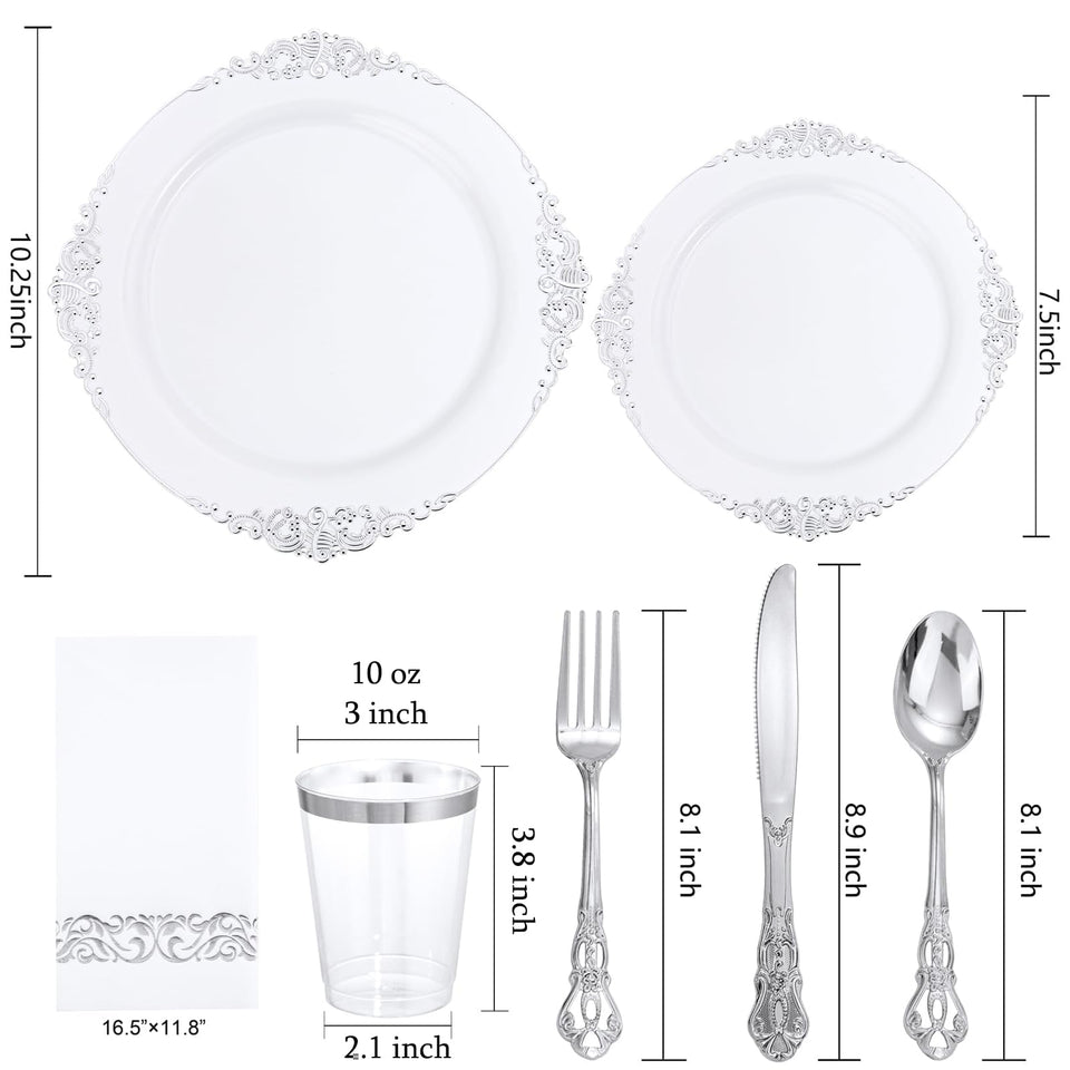 YOUBET 700PCS Silver Plastic Plates - White and Silver Disposable Plates - Silvery Plastic Dinnerware Set - Include 200 Plates, 300 Heavy Duty Silverware, 100 Cups and 100 Napkins for Wedding & Party