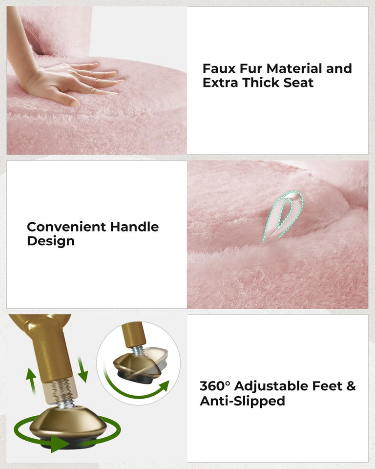 GREENSTELL Small Vanity Stool Chair with Storage and Folding Back, 13" x 13" x 17.7" Faux Fur Soft Ottoman for Teenager, 4 Metal Legs with Anti-Slip Feet, Furry Padded Seat for Makeup, Bedroom, White