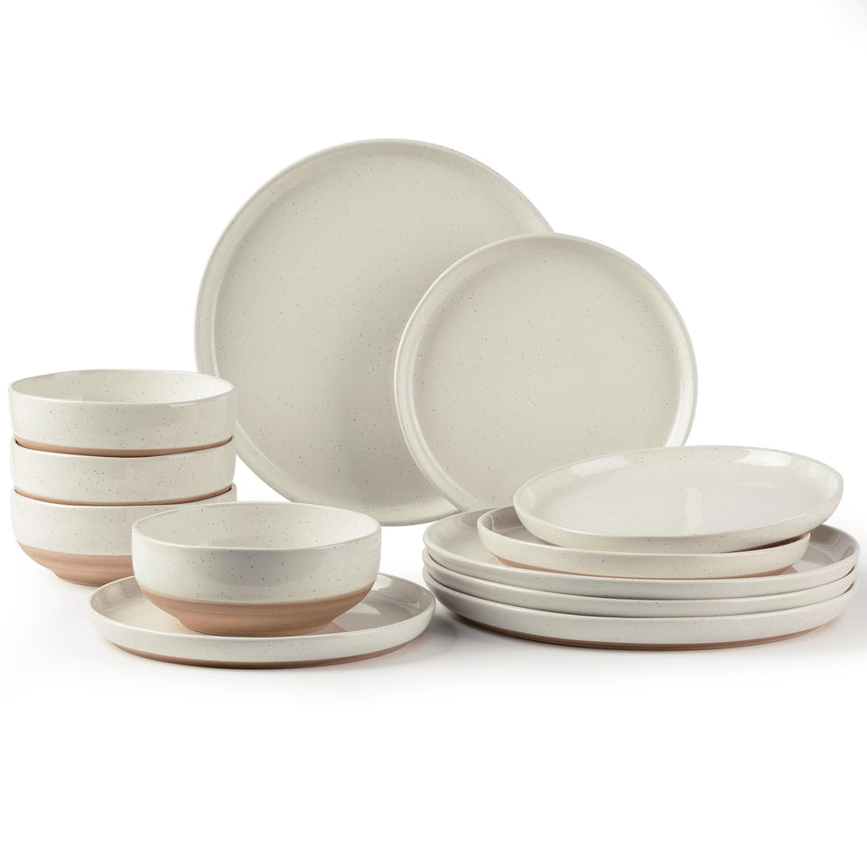 AmorArc Ceramic Dinnerware Sets for 8, 24 Pieces Handpainted Plates and Bowls Set with Rustic Terracotta Underside, Scratch Resistant Stoneware Dishes Set, Dishwasher & Microwave Safe, Light Beige