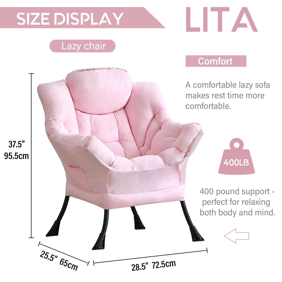 LITA Lazy Chair with Ottoman, Modern Accent Leisure Upholstered Lazy Sofa Armchair, Contemporary Lounge Reading Chair with Armrests and a Side Pocket for Living Room, Bedroom & Small Space, Dark Grey