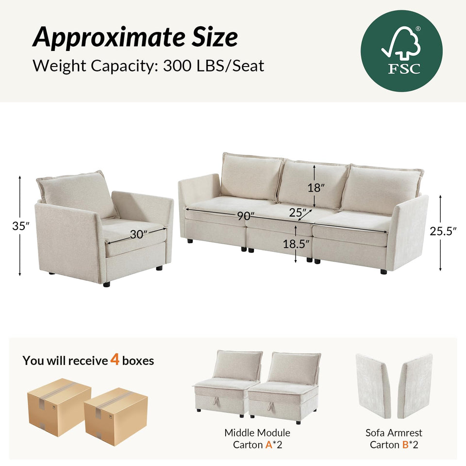 HULALA HOME 127'' Modular Sectional Sofa, Oversized U Shaped Couch with Storage Ottoman, Comfy Chenille Sofa with Deep Seat, 6 Seat Convertible Couches for Living Room, Beige