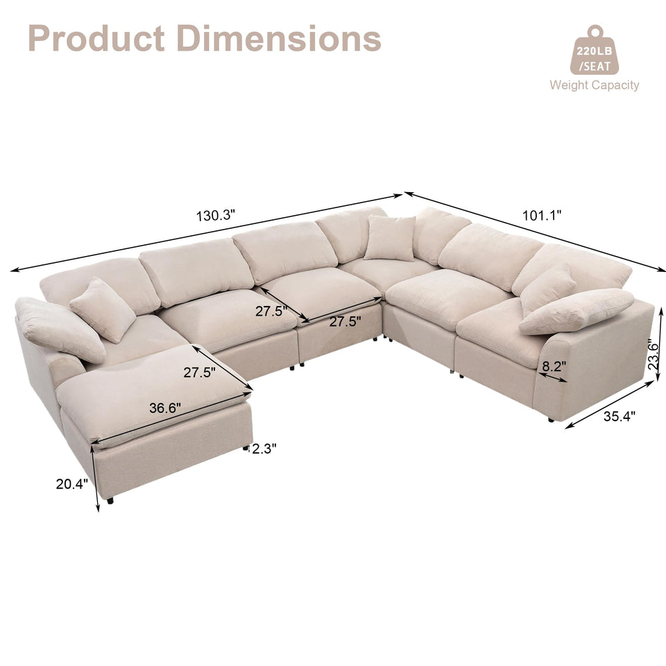 Tmsan 129.3" Oversized Modular Sectional Sofa, U Shaped Couch with Movable Ottoman, Large 7 Seat Corner Couches for Living Room, Spacious Space, Beige