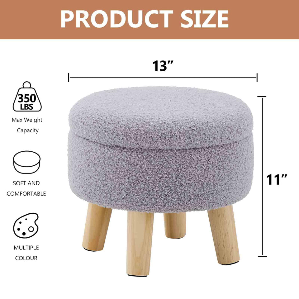 Wimarsbon Storage Ottoman, Modern Round Footrest with Soft Padded Seat, Teddy Velvet Footstool with Wood Legs, Accent Small Table or Plant Stand for Hallway, Living Room (Cream)