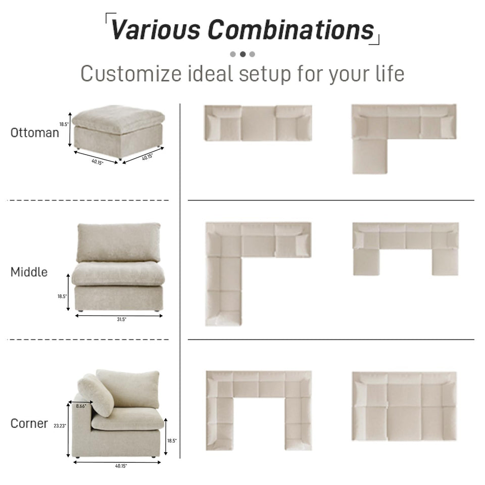 160.6" Cloud Couch Modular Sectional Sofa for Livingroom,Oversized Convertible Sofa with Storage Ottomans,6 Seat Wide Couches,Cushion Covers Removable (Khaki, 6 Seater)