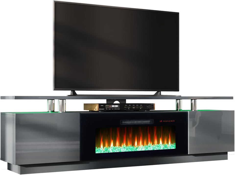 AMERLIFE Fireplace TV Stand with 36" Fireplace, 70" Modern High Gloss Fireplace Entertainment Center LED Lights, 2 Tier TV Console Cabinet for TVs Up to 80", Obsidian Black